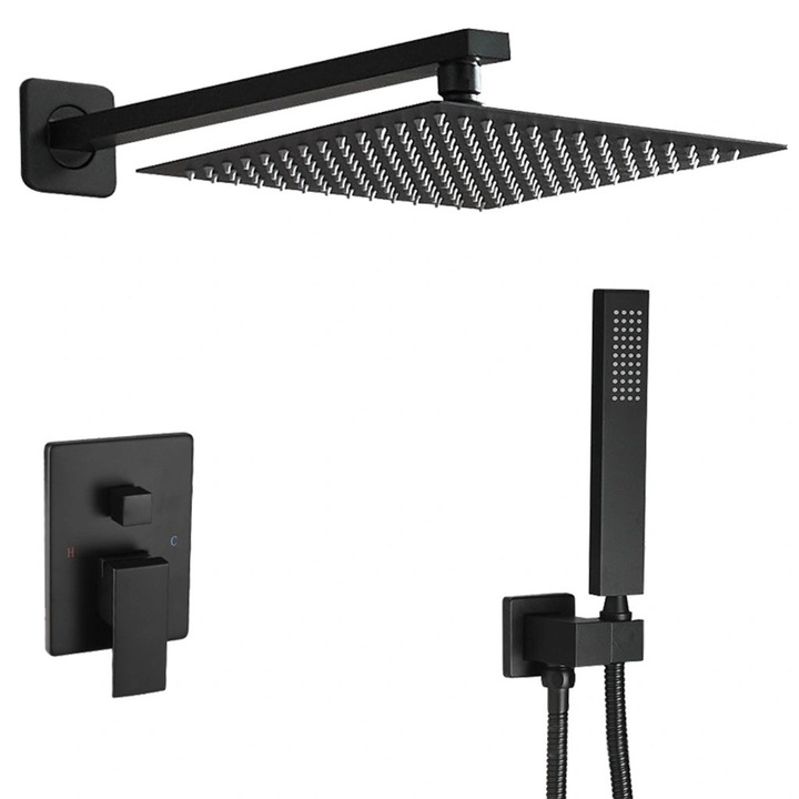Sistem de Cada-Dus negru mat, montaj pe perete, cap ploaie 10” si para de dus, presiune inalta