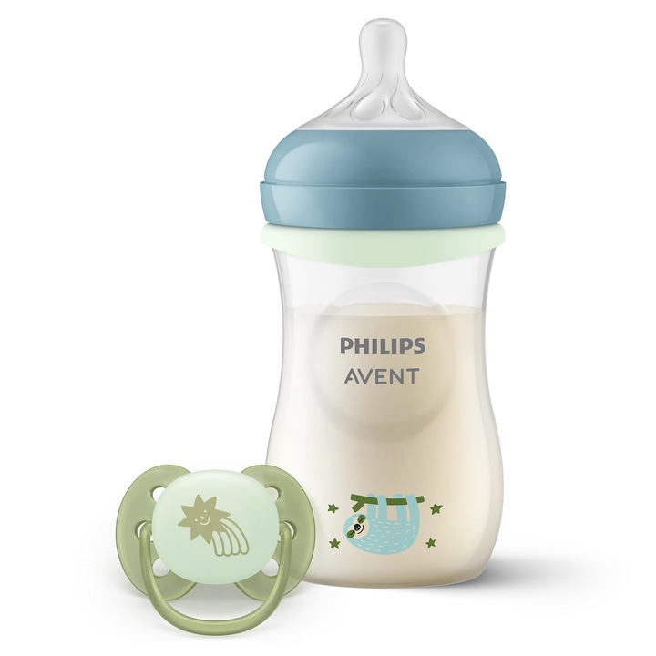 Set cadou bebeluși Philips Avent, 1 biberon 260 ml, suzetă ultra moale, inel luminos
