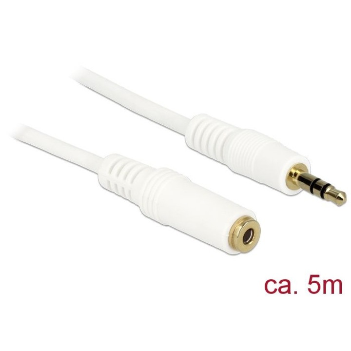 Cablu de extensie jack stereo DeLock 3.5 mm 3 pini, tata/mama, 5m alb