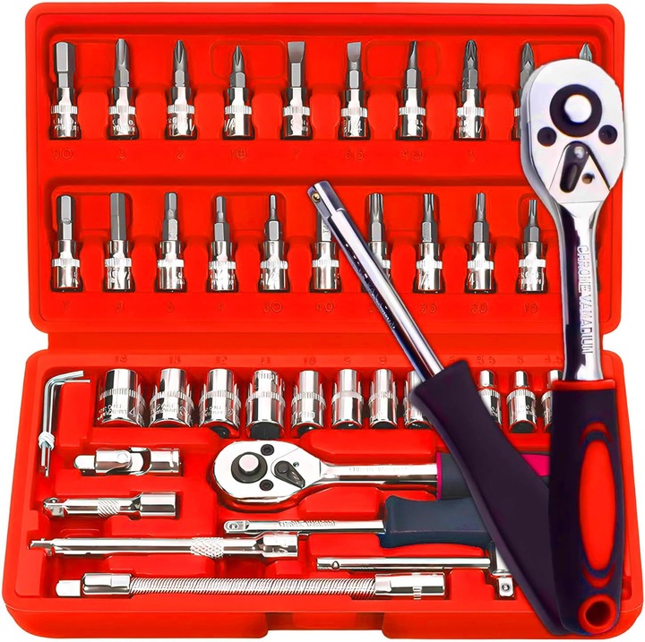 Trusă chei tubulare 46 piese Ayawaska, cheie cu clichet, dimensiuni 4-14mm, cutie transport roșie