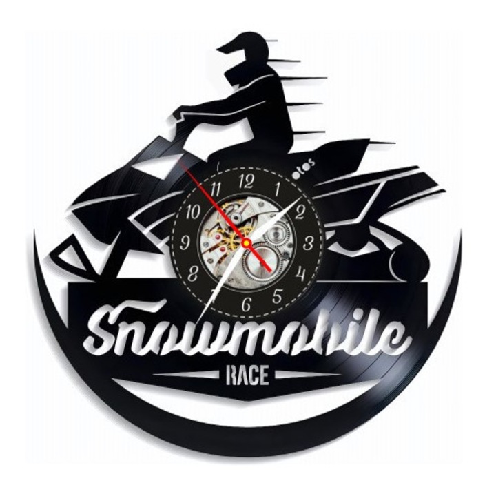 Dekoratív falióra - Hórobogó Téli Kaland - Extrém Sport Design Hegyekkel és Fenyőkkel - bakelitlemezből készült, Fekete