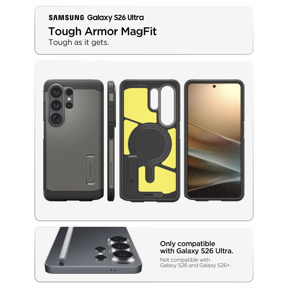 Carcasa Spigen Tough Armor Mag, Gunmetal, hibrid PC + TPU, protecție militară, pentru Samsung Galaxy S26 Ultra