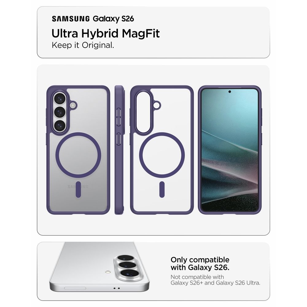 Carcasa Spigen Ultra Hybrid Mag MagSafe pentru Samsung Galaxy S26, Transparent / Mov, hibrid TPU + policarbonat, profil subtire