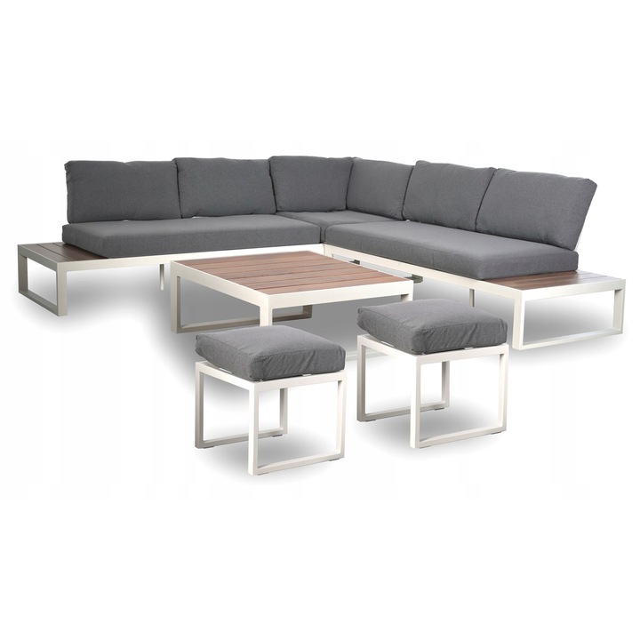 Set mobilier gradina San Diego, 6 piese, coltar, 2 canapele, masa, pufuri, aluminiu, alb, antracit