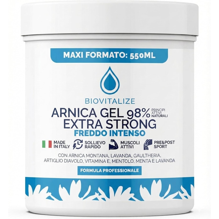 Gel de Arnica 98%, Extra Puternic cu Efect Rece Intens, 550 ml, Crema de Masaj pentru Muschi si Articulatii cu Gheara Diavolului si Mentol, Ameliorare Rapida pentru Intinderi si Umflaturi, Made in Italy