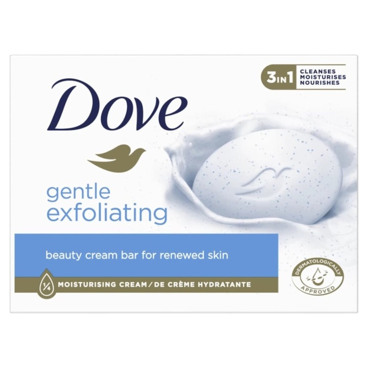 Set Sapun Dove Gentle Exfoliating 4 Bucati x 90 g, exfoliant, hidratant, pentru fata si corp