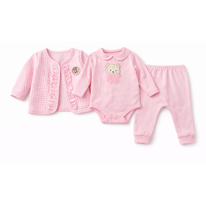 Compleu 3 piese bumbac fetita roz, Roz