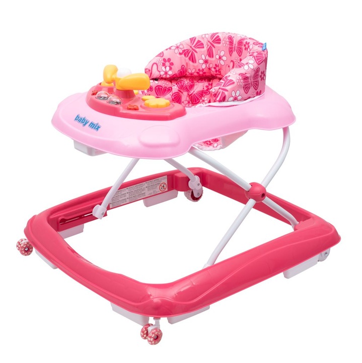 Premergator pentru copii Baby Mix, cu panou de joaca multifunctional si roti din silicon, roz, 40x50x50cm