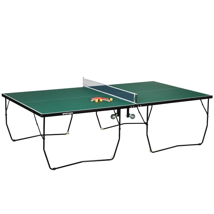 Masa de tenis de masă SPORTNOW, verde închis, MDF, oțel, 274x152.5x76cm, inclusiv fileu, 2 palete și 3 mingi