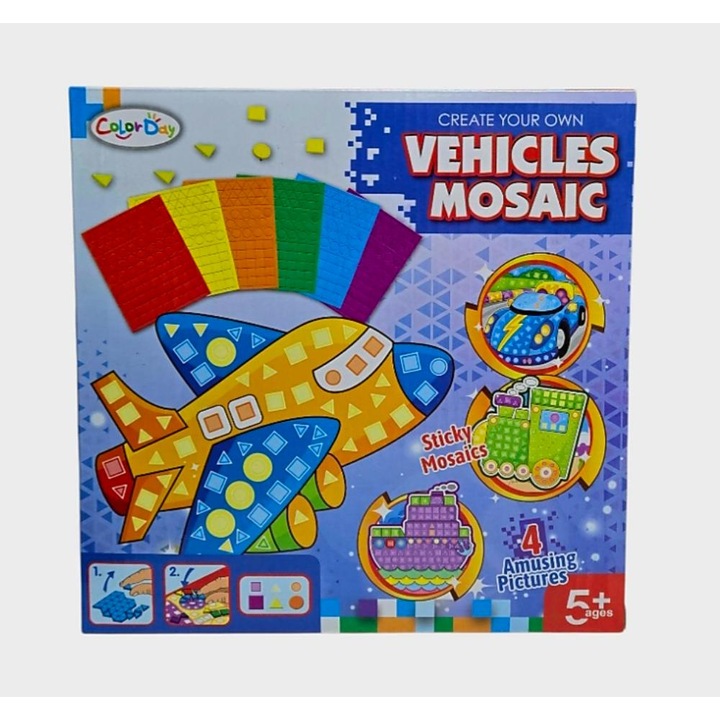 Set creativ mozaic autoadeziv, piese din spuma EVA, planse colorate, pentru baieti, 5 ani