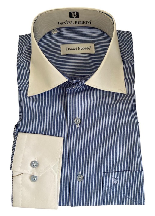 Férfi hosszú ujjú ing, kék fehér csíkos, fehér gallérral, méret 37-38, anyag pamut-poliészter