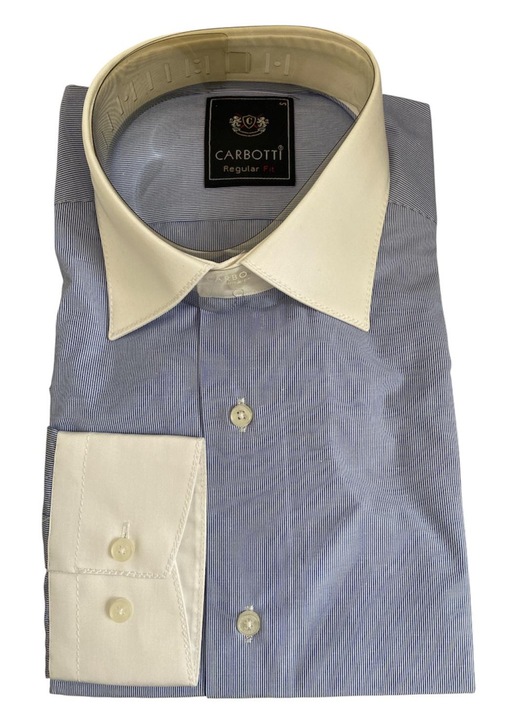 Férfi hosszú ujjú ing, kék színű fehér gallérral és zsebbel, S méret, pamut-poliészter anyag