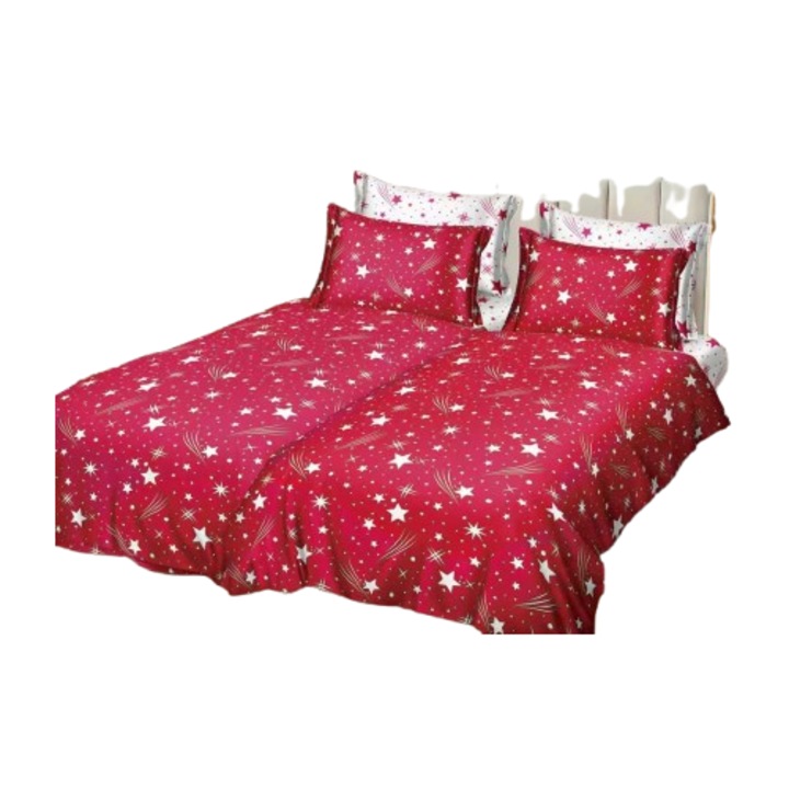 Ágyneműhuzat, 7 darabos, gumis lepedő nélkül, 1 személyes, 160x220 cm, csillagos mintával piros alapon