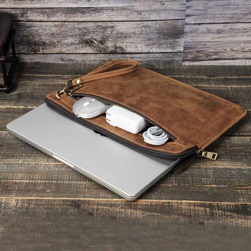 Geanta pentru laptop, Aiorber, 14 inch, piele, curea detasabila pentru umar, 2 compartimente, maro
