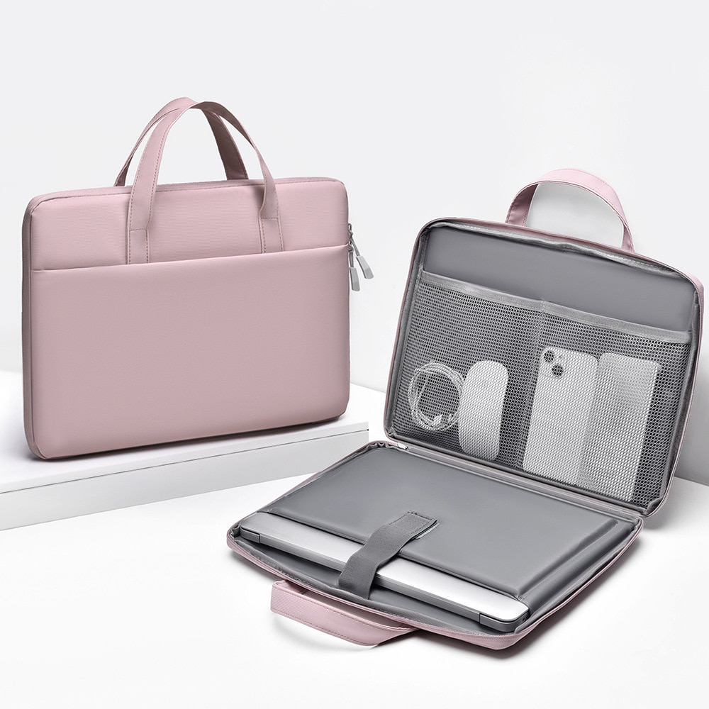 Geanta pentru laptop, Aiorber, 14 inch, design cu deschidere completa la 180°, 3 compartimente, rezistenta la stropire, maner de transport, rezistenta la abraziune, 37 x 37 x 26 cm, roz