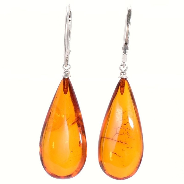 Cercei argint cu chihlimbar Golden Drops, lungime 4, 5 cm, dimensiune piatra 25x13mm