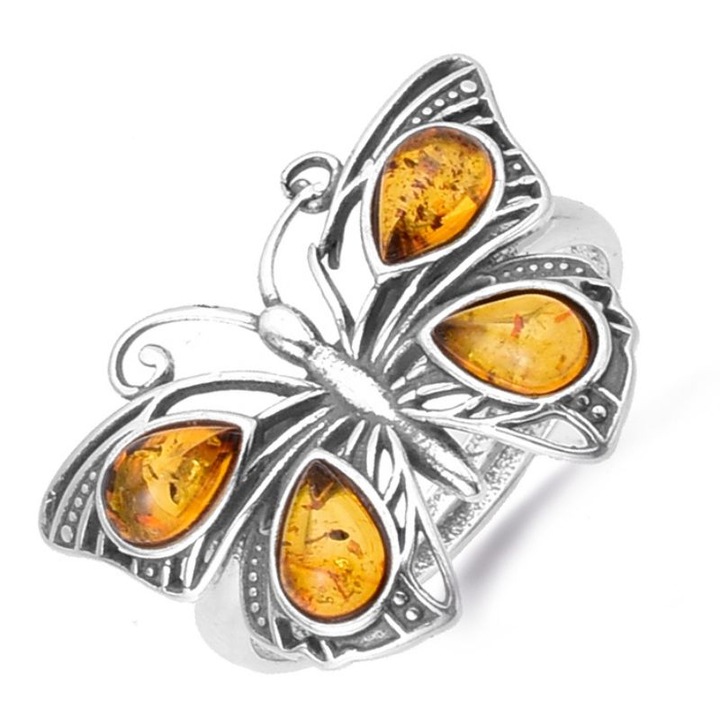 Inel argint reglabil cu chihlimbar Fluture, 19-20, 7 mm diametru, 22x17mm