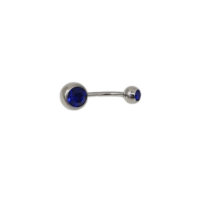 Piercing de buric Rubin, inox, biluțe 4mm și 8mm, pietre ziconiu albastru închis, 2.3cm