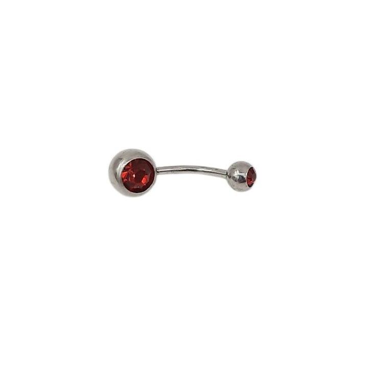 Piercing de buric Rubin, inox, lungime 2, 3 cm, biluțe 4 și 8 mm, cu pietre de zirconiu roșii
