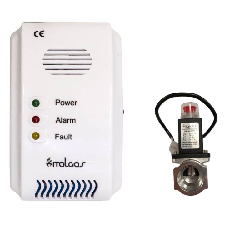 Detector de gaz, Italgas, Gsx-M, cu electrovalva 1", alimentare 220V, detectie gaz metan si GPL, cu alarma 85 dB si alarma vizuala, alb
