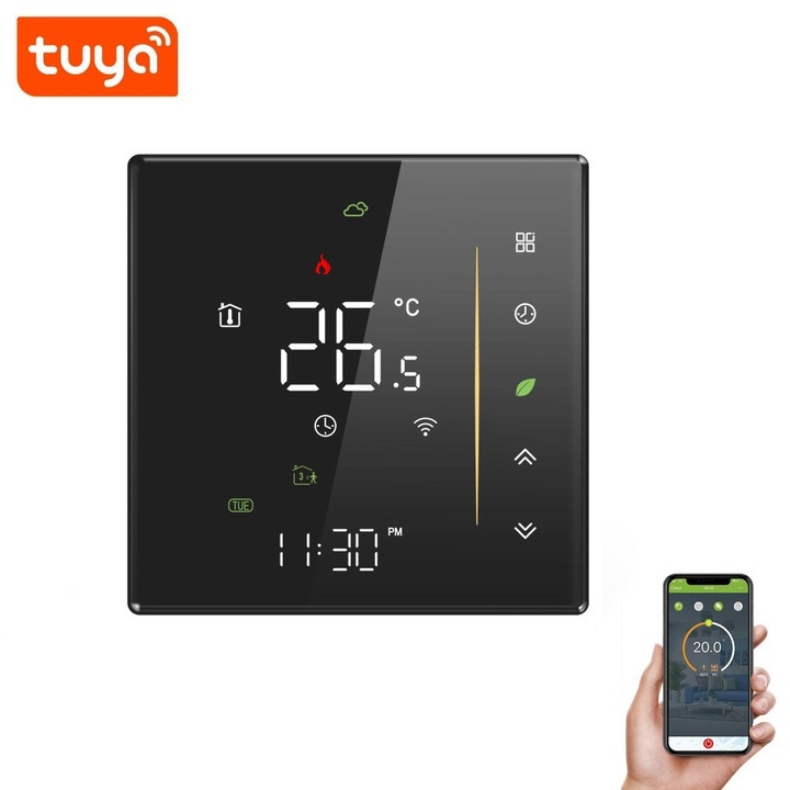 Termostat WiFi Pentru Incalzire In Pardoseala 5A GA, Control Apa, Ecran LCD Tactil, Compatibil Tuya Smart, Onshop, Negru