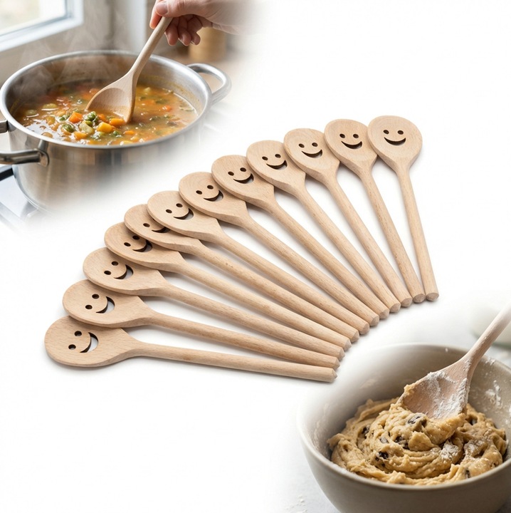 Set de 50 linguri din lemn de fag, 20 cm, decupaj zambet, natural