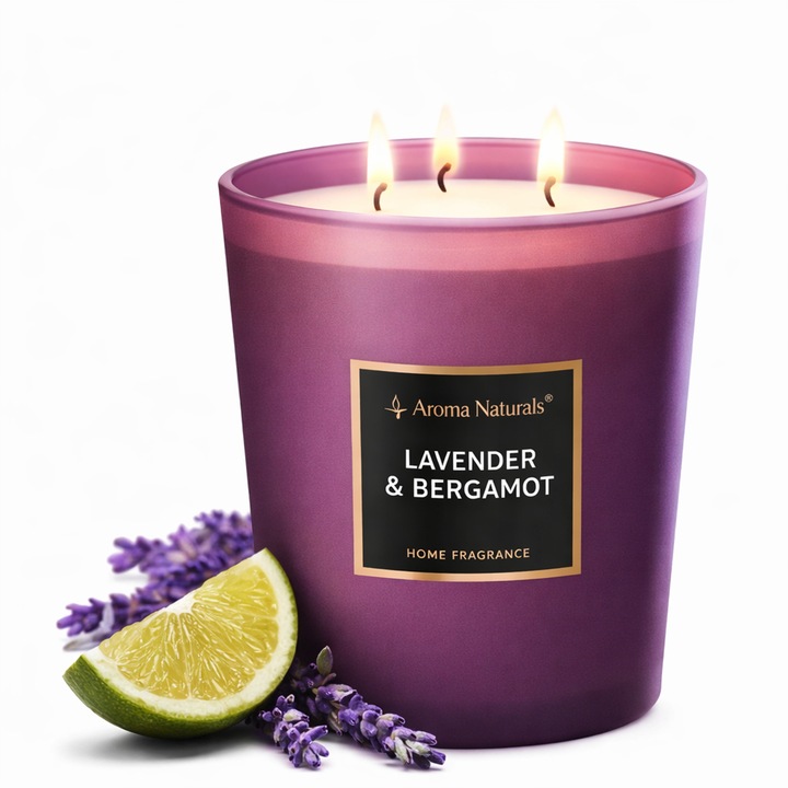 Lumanare parfumata mare 943g Lavender & Bergamot, aroma intensa, ardere lunga, efect relaxant, cadou Premium, decor elegant