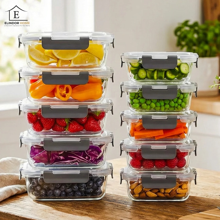 Комплект от 10 стъклени кутии Elindor®, контейнери за съставки за кухня, за сухи храни, контейнер за съхранение на захар, кафе, паста, зърнени храни, херметически капак, подходящ за фризер, прозрачен