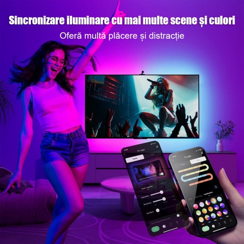 Banda LED RGBIC inteligenta cu sincronizare TV, AjieQaQ®, Camera