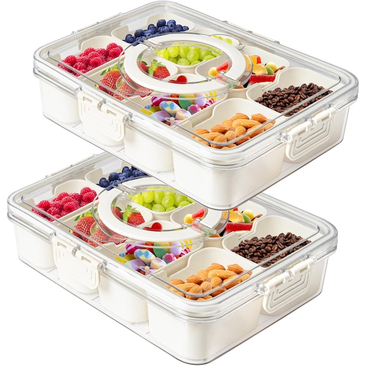 Pachet de 2 tavi pentru legume cu capace si manere, cutii portabile pentru gustari cu 8 compartimente, cutii pentru gustari stivuibile, recipiente dedicate pentru gatit fructe, legume si salate