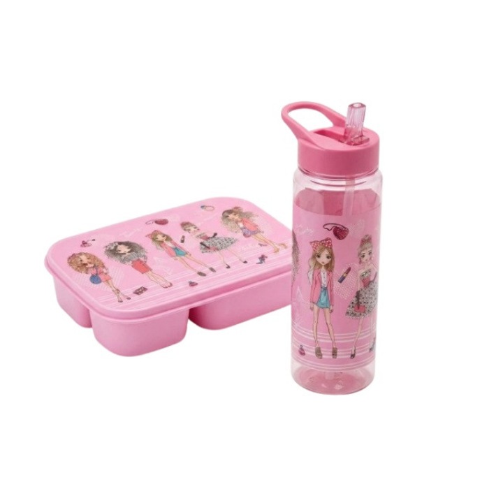 Set caserola pranz 970 ml si sticla de apa cu pai 650 ml, model Fashion Girls, roz