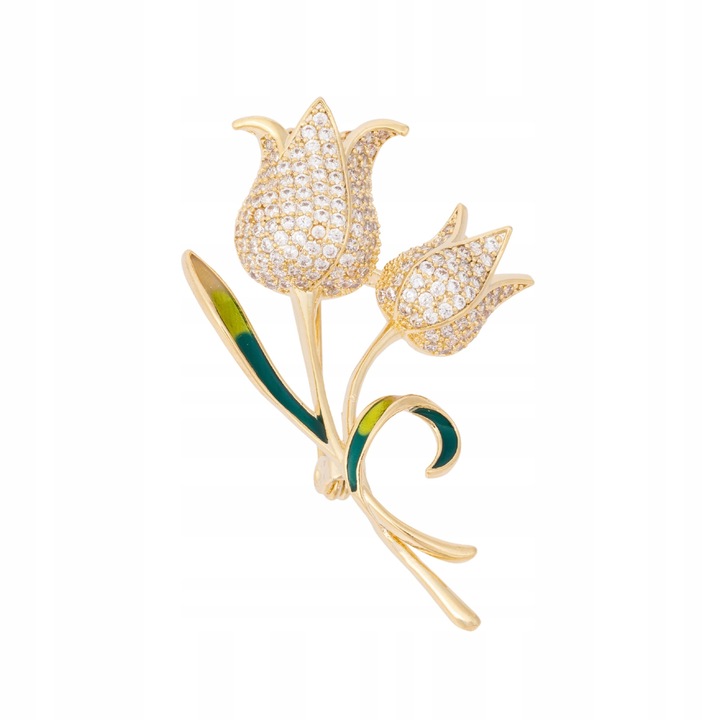 Brosă Pinets, auriu, 4x2, 8 cm, cu zirconii, design lalele