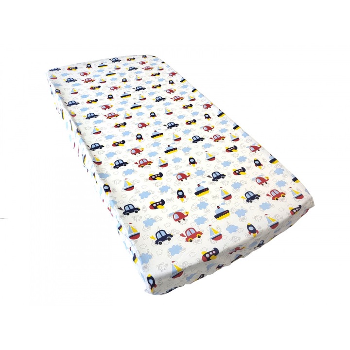 Cearsaf pentru pat copii Nichiduta Blue cars 120x60 cm din bumbac cu banda elastica roata