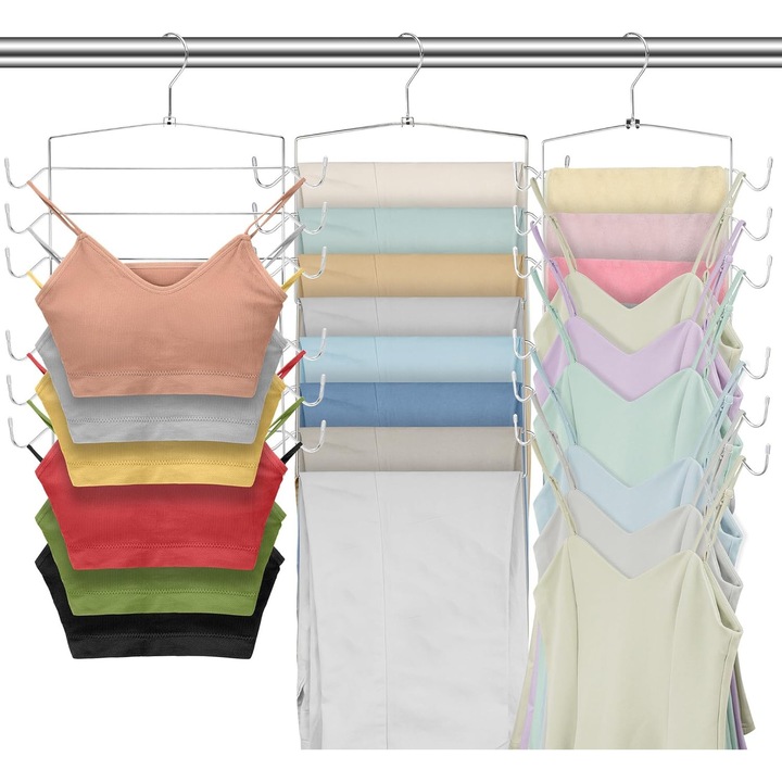 Set 3 Umerase Metalice Pliabile cu 8 Niveluri, Economisire Spatiu, 24 Carlige, Rotire 360°, Organizator pentru Sutiene, Pantaloni, Esarfe si Accesorii, 38x52cm, Argintiu