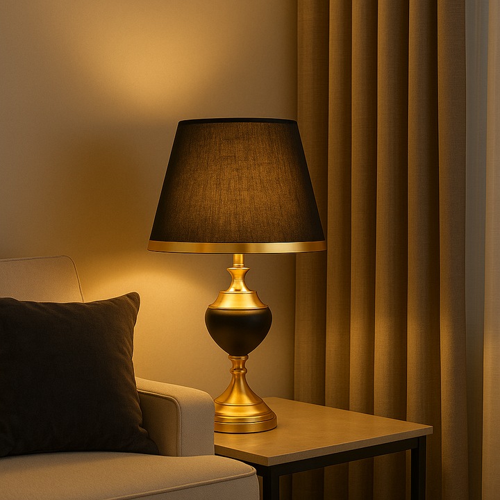 Veioza De Masa 8620 Negru Si Auriu, 45 Cm, Cu Abajur Textil Elegant