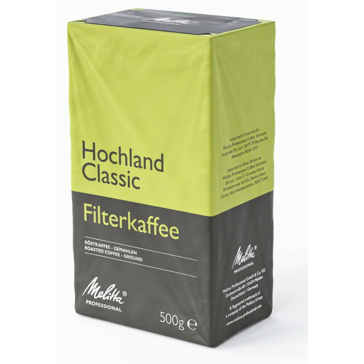 Cafea macinata, Melitta Professional Hochland Classic, prajita intens, cu note de caise uscate, caramel si accente de malt, pentru cafetiere si aparate de preparat cafea, 500 g