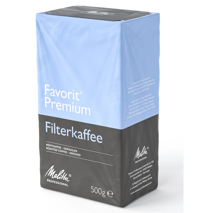Cafea macinata, Melitta Professional Favorit Premium, amestec Arabica din America Centrala si Africa de Est, aroma blanda si echilibrata, note de ciocolata, portocala si piersica, 500g