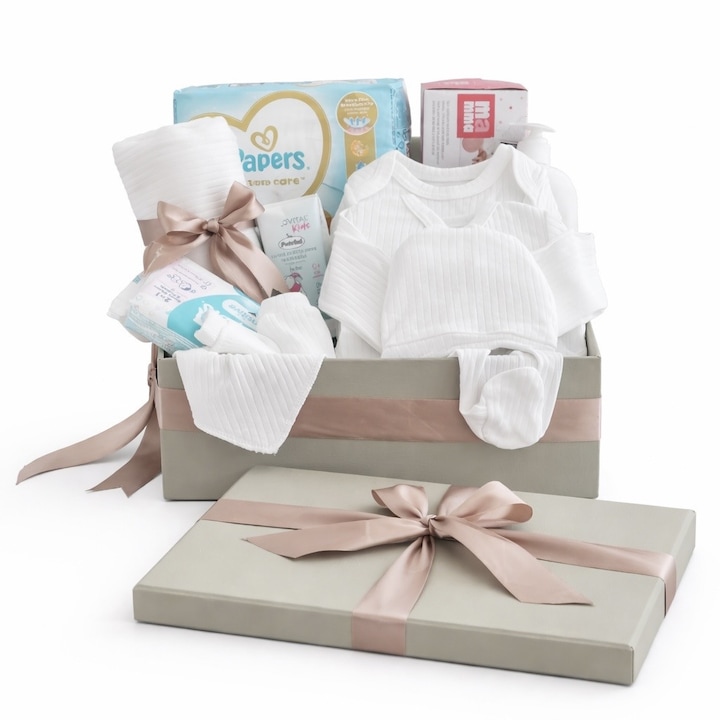 Set Cadou 13 Produse Premium nou-nascut si mamica, bumbac alb, 0-3 luni, 56-62 cm