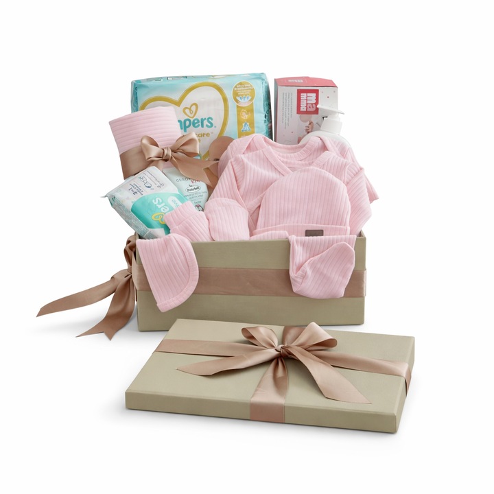 Set Cadou 13 Produse pentru Nou-Născut și Mămică, 100% Bumbac, Roz, 0-3 luni