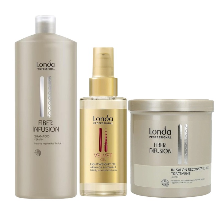 Set Londa Professional Fiber Infusion, Sampon 1000 ml, Tratament 750 ml, Ulei Par Velvet Oil 100 ml