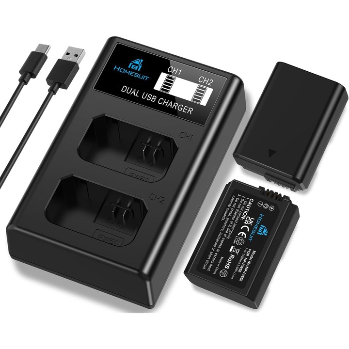 Set 2 acumulatori NP-FW50 1300 mAh si incarcator LCD USB pentru Sony ZV-E10 A6000 A6300 A6400 A6500 A5100 A5000 A7 A72 A7R A7R2 A7S2 7RM2 7SM2 7M2 A7R2 A7S2 55 RX15 0 II III IV NEX-3/5/6/7 NEX-F3