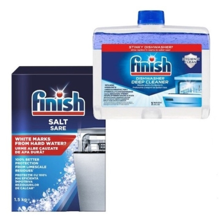 Пакет Разтвор за почистване на съдомиялна машина Finish, 250 мл и Сол за съдомиялна машина Finish, 1.5 кг