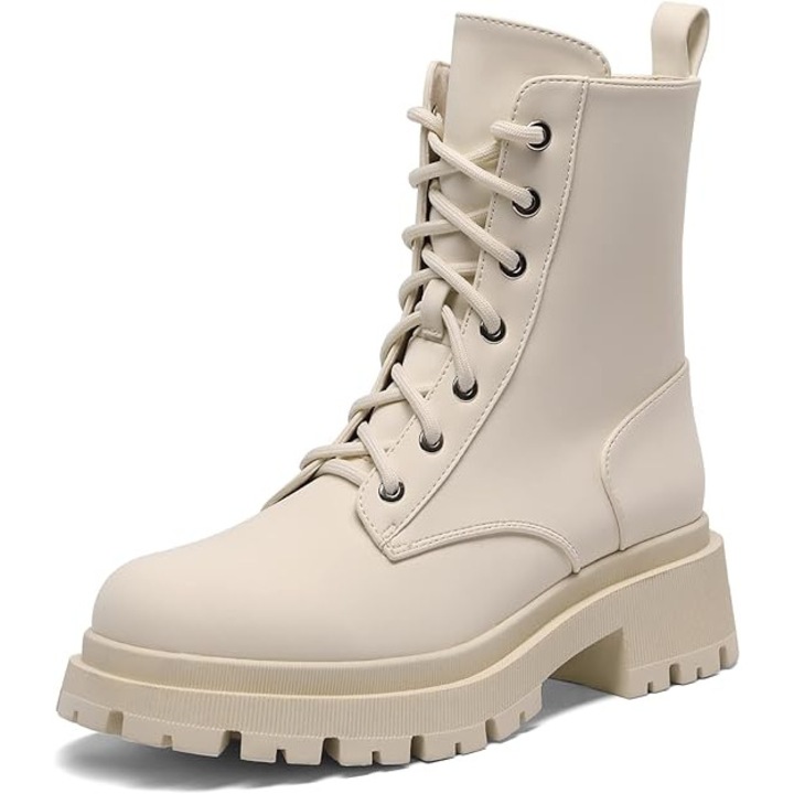 Ghete Dama cu Talpa Groasa Tip Lug, Sireturi si Fermoar Lateral, Toc 4 cm, Piele Ecologica PU – Stil Retro Chic pentru Toamna/Iarna, Bej, Marimea 41 EU