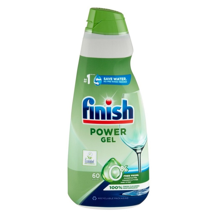 Detergent Gel de vase pentru masina de spalat vase Ecolabel, 60 spalari, Finish, 900ml