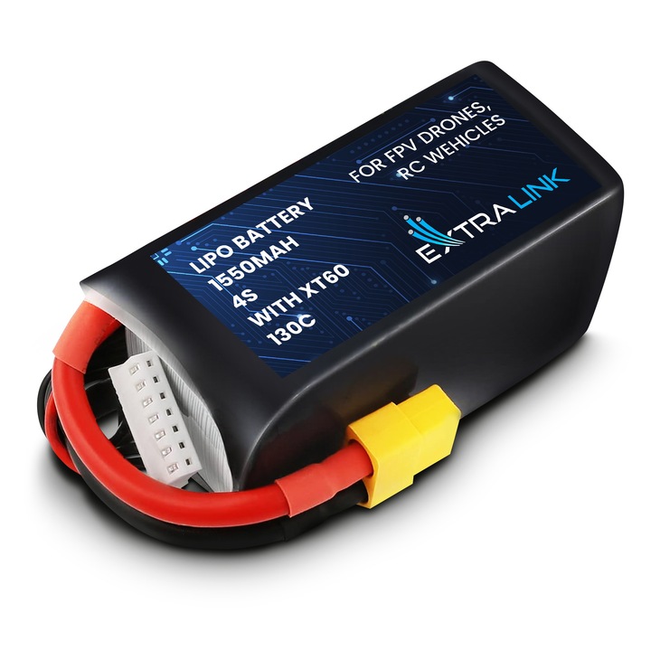 Батерия Extralink LiPo 4S 1550mAh XT60 130C за FPV дронове, RC коли, RC самолети и други превозни средства с дистанционно управление, висока производителност, бързо зареждане, издръжлива и надеждна