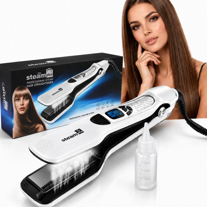 Placa de par profesionala cu abur G807, pentru indreptare rapida, placi din titan, afisaj LCD, temperatura reglabila 150–230°C, 85 W, utilizare pe par umed si uscat, rezervor apa 30 ml, cablu rotativ 360°