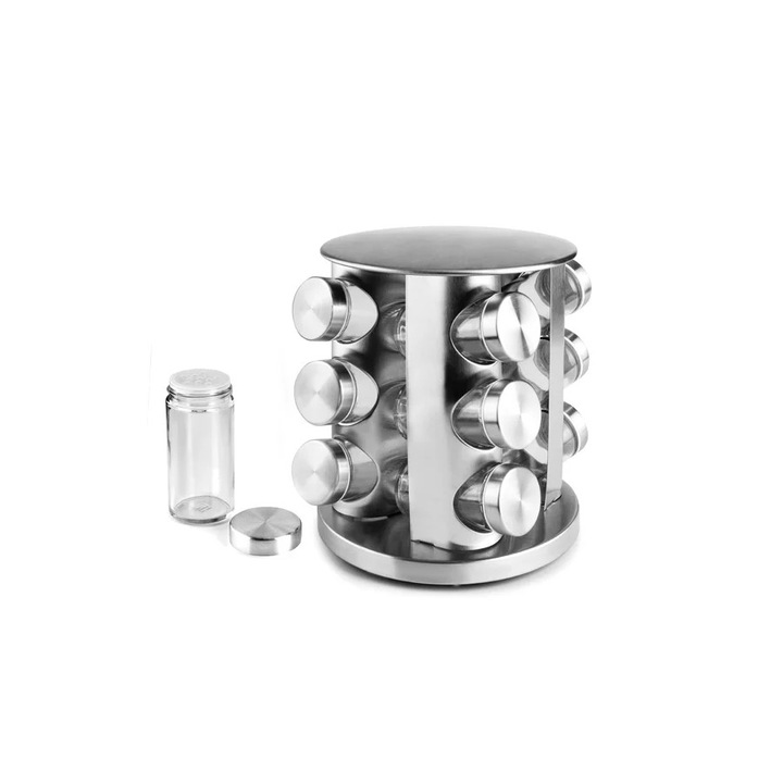 Set 12 recipiente depozitare condimente Ibili, otel inoxidabil/sticla, 18.5x21.5 cm, argintiu