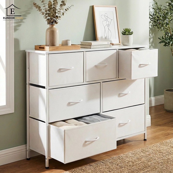 Скрин Elindor® със 7 чекмеджета, метална рамка, дървен плот, текстилни чекмеджета, за спалня, всекидневна, съхранение на дрехи, играчки, аксесоари, 100 × 30 × 77 см, бял