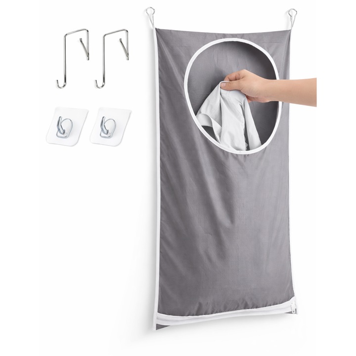 Cos Rufe Suspendat pentru Usa AZORA 80L - Capacitate Extra-Large, Material Oxford 600D Impermeabil, Fermoar Dublu Desfacere Rapida, 2 Tipuri Carlige Incluse, Pliabil si Lavabil, Organizare Haine Murdare, 76x51cm, Gri