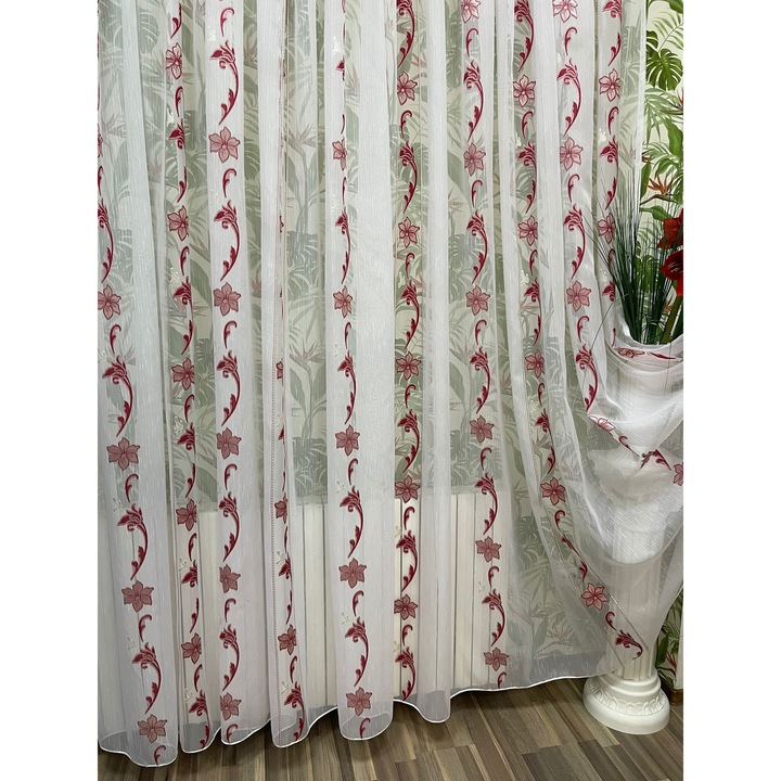 Perdea brodata mecanic, culoare alb/rosu, din colectia "Floral moments" by Liz Line, 500x245cm, cu rejansa PD1795